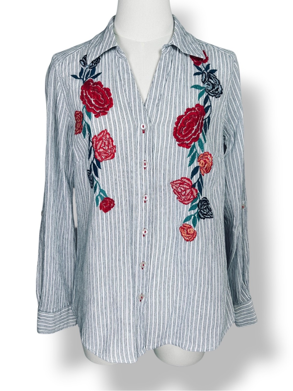4/$20 Style & Co Embroidered Floral Stripe Button Front Tunic Blouse Small - Picture 2 of 6